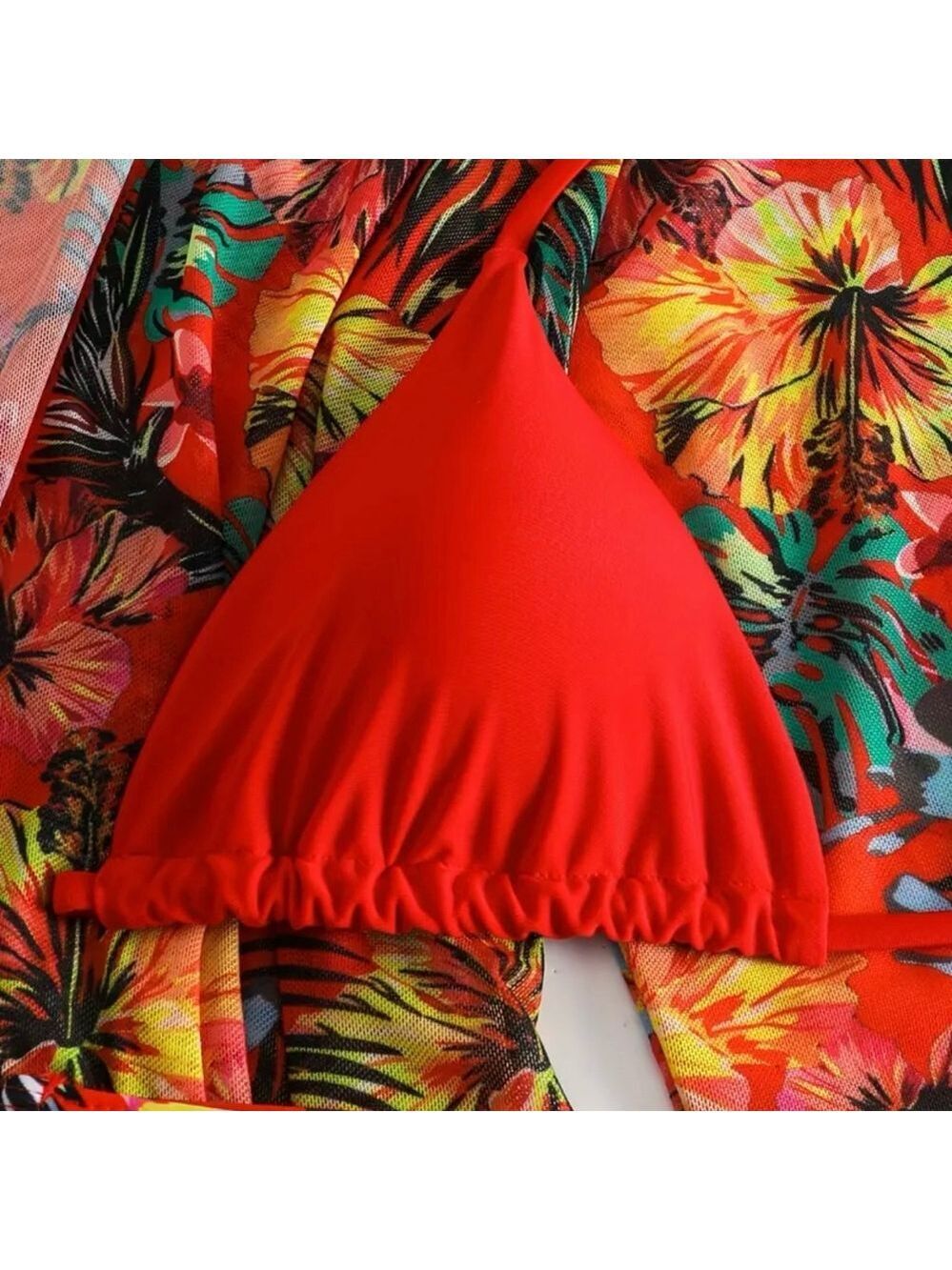 3pc Tropical Print High Waist Bikini Set with Kimono Cover Up - Picture 3 of 9